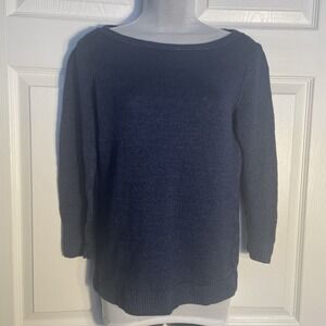 Talbots Sweater Women M Blue 100% Linen Knit 3/4 Sleeve Knit Pullover Nautical